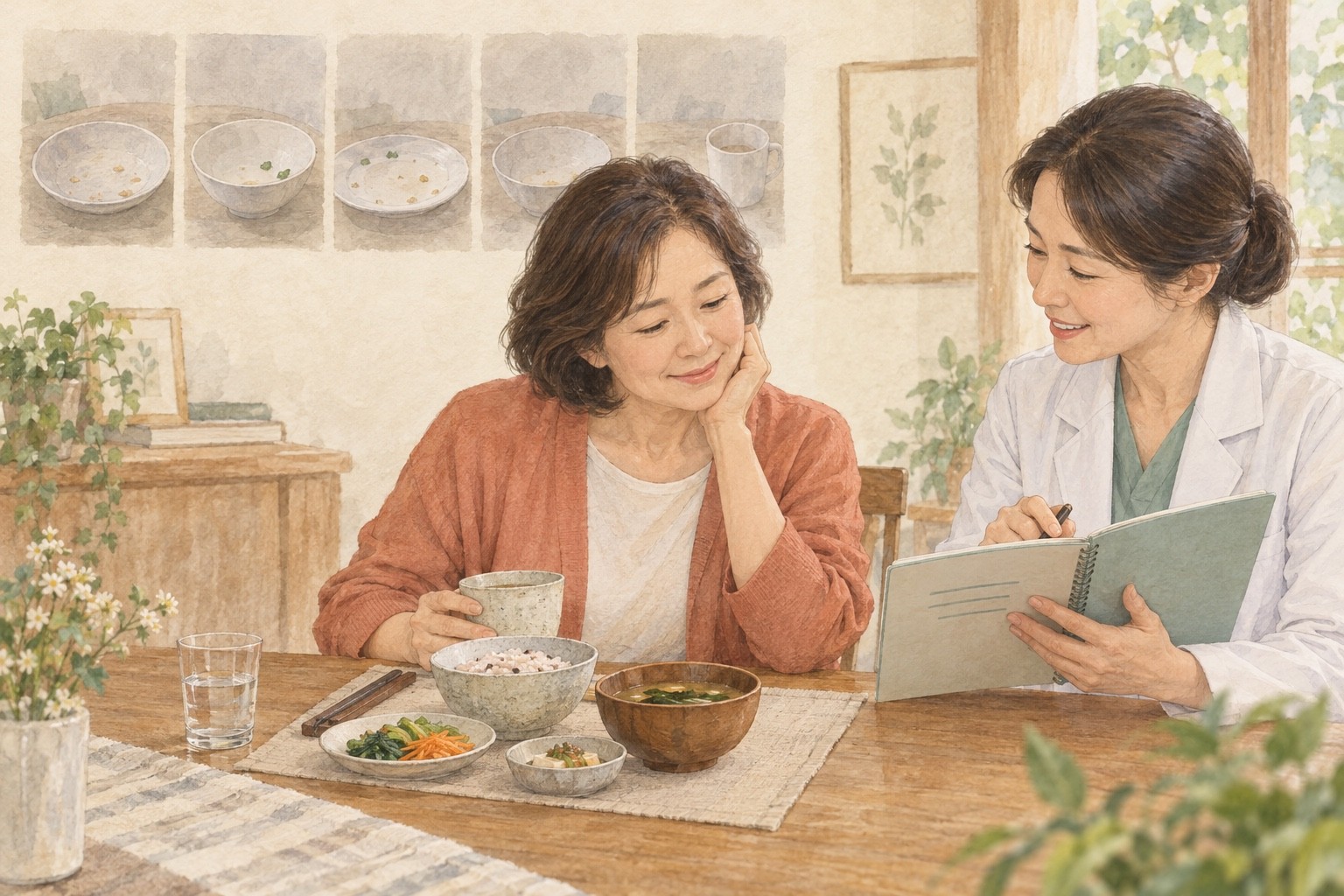 식사 자리로 돌아온 성인이 의료진과 계획을 살피는 옆에, 앞선 며칠의 적은 섭취를 흐리게 표현한 삽화