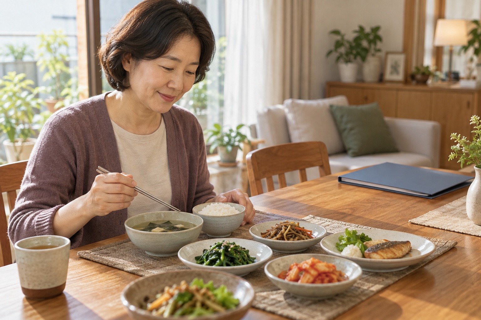 채소 반찬을 포함한 평범한 식탁 앞에서 식사를 다시 시작하는 성인과 옆에 놓인 진료 자료 폴더