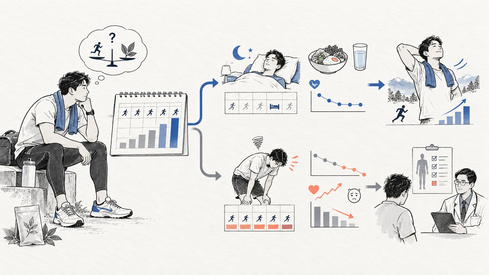운동량 증가 뒤 휴식·식사·수면으로 회복되는 경로와 수행 저하가 이어져 진료로 연결되는 경로를 나눈 장면