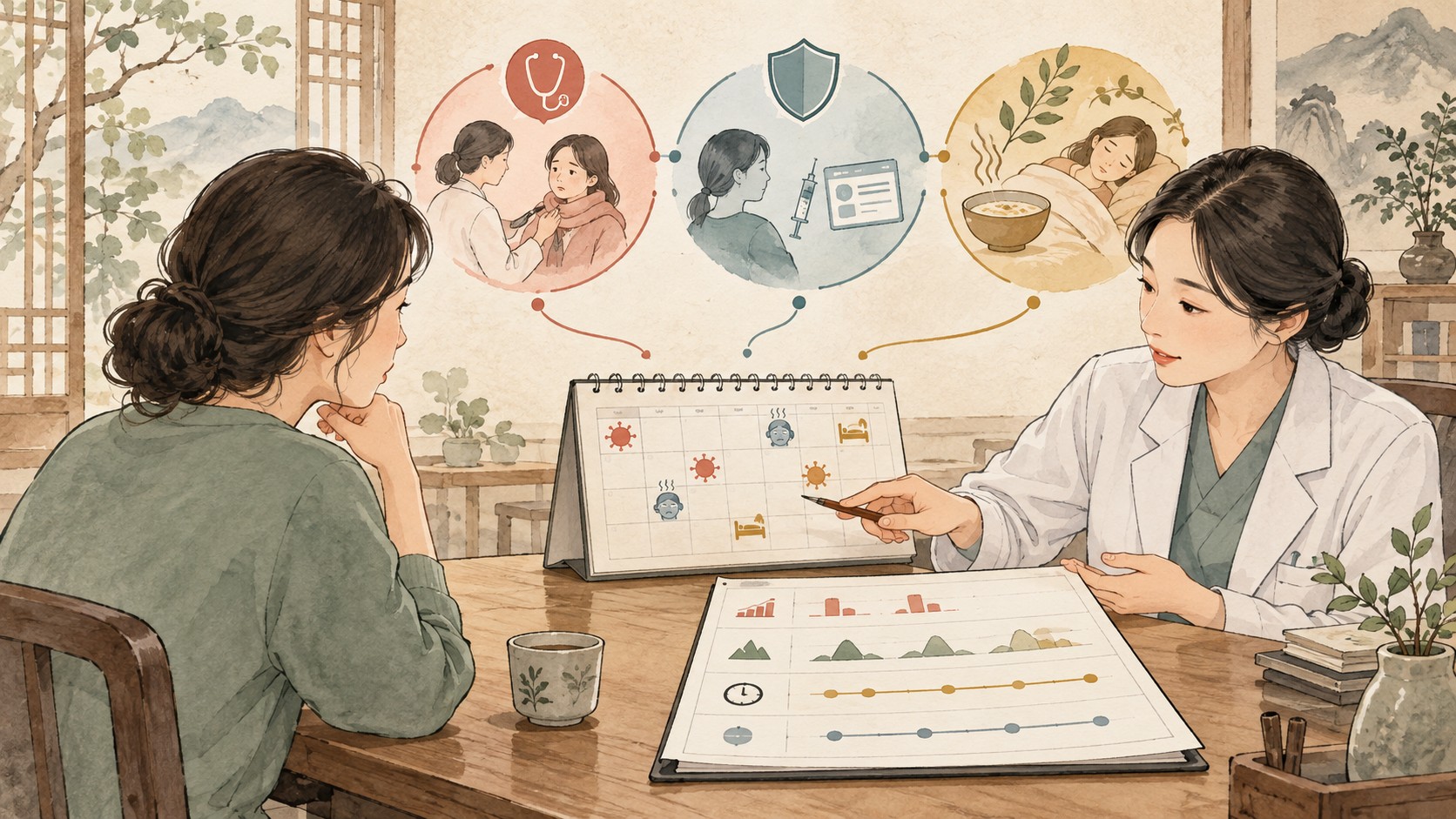 반복 감염 기록을 의료 평가와 예방, 회복 지원으로 나누어 상담하는 장면