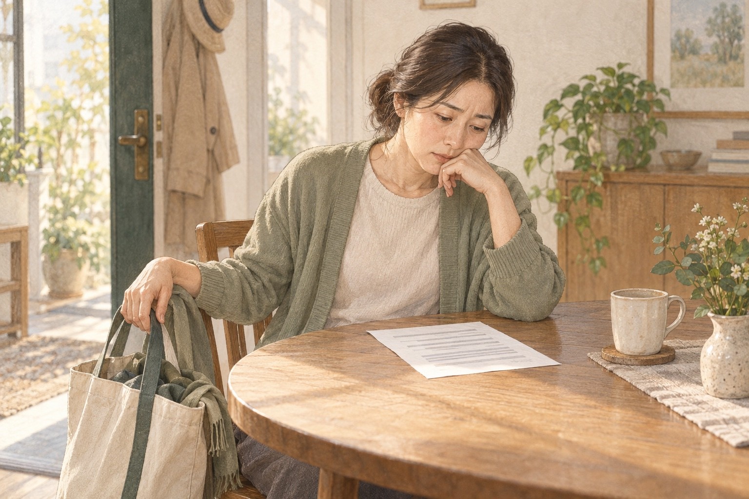 외출 준비를 하다 쉬어 앉아 기존 약의 복용 계획을 살펴보는 성인