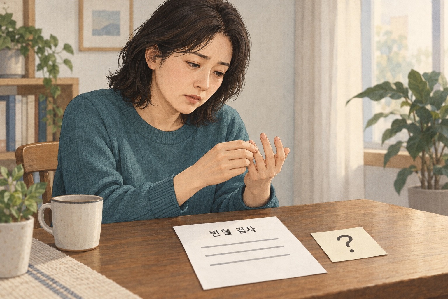 손끝 감각을 살피는 사람과 빈혈 검사 문서 옆에 남은 질문