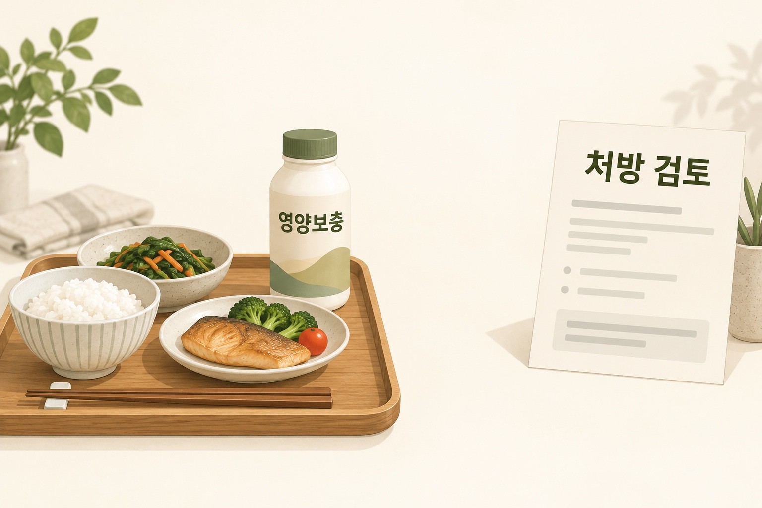 일반 식사와 영양보충음료, 별도로 놓인 처방 검토 문서