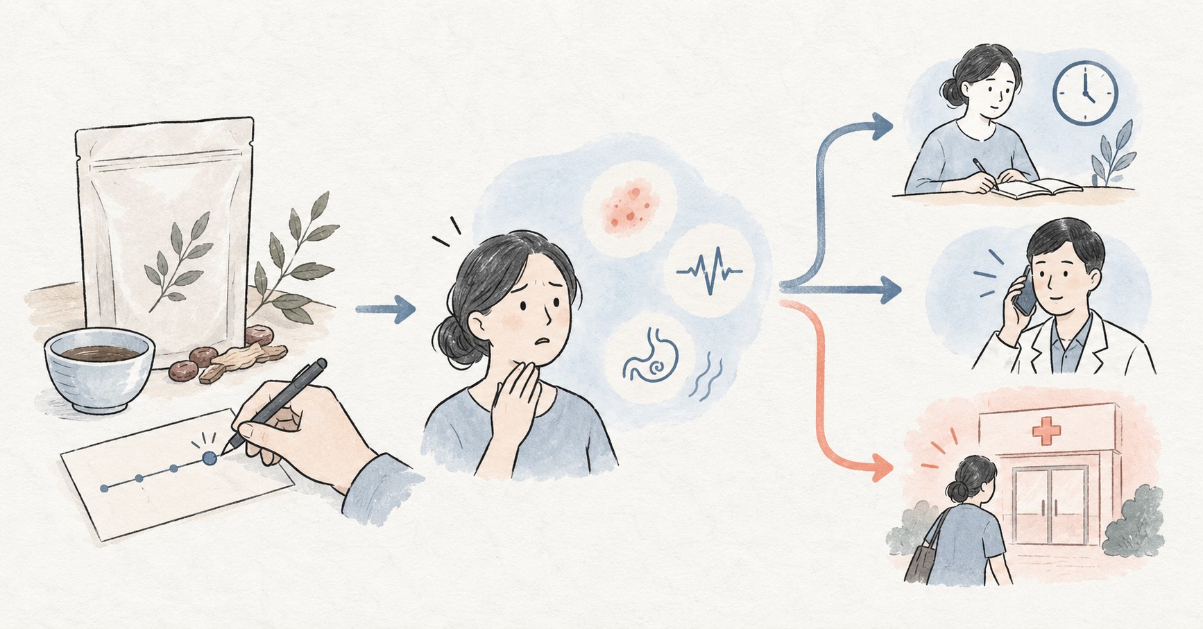 보약 복용 뒤 새 증상의 중증도에 따라 기록 관찰, 의료진 상담, 응급평가로 나누는 판단 흐름