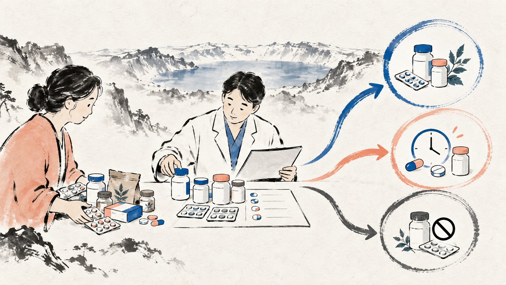 여러 처방약·일반약·영양제와 보약을 한 목록에 모아 함께 복용, 시간 조정, 보류 경로로 나누는 임상노트 일러스트