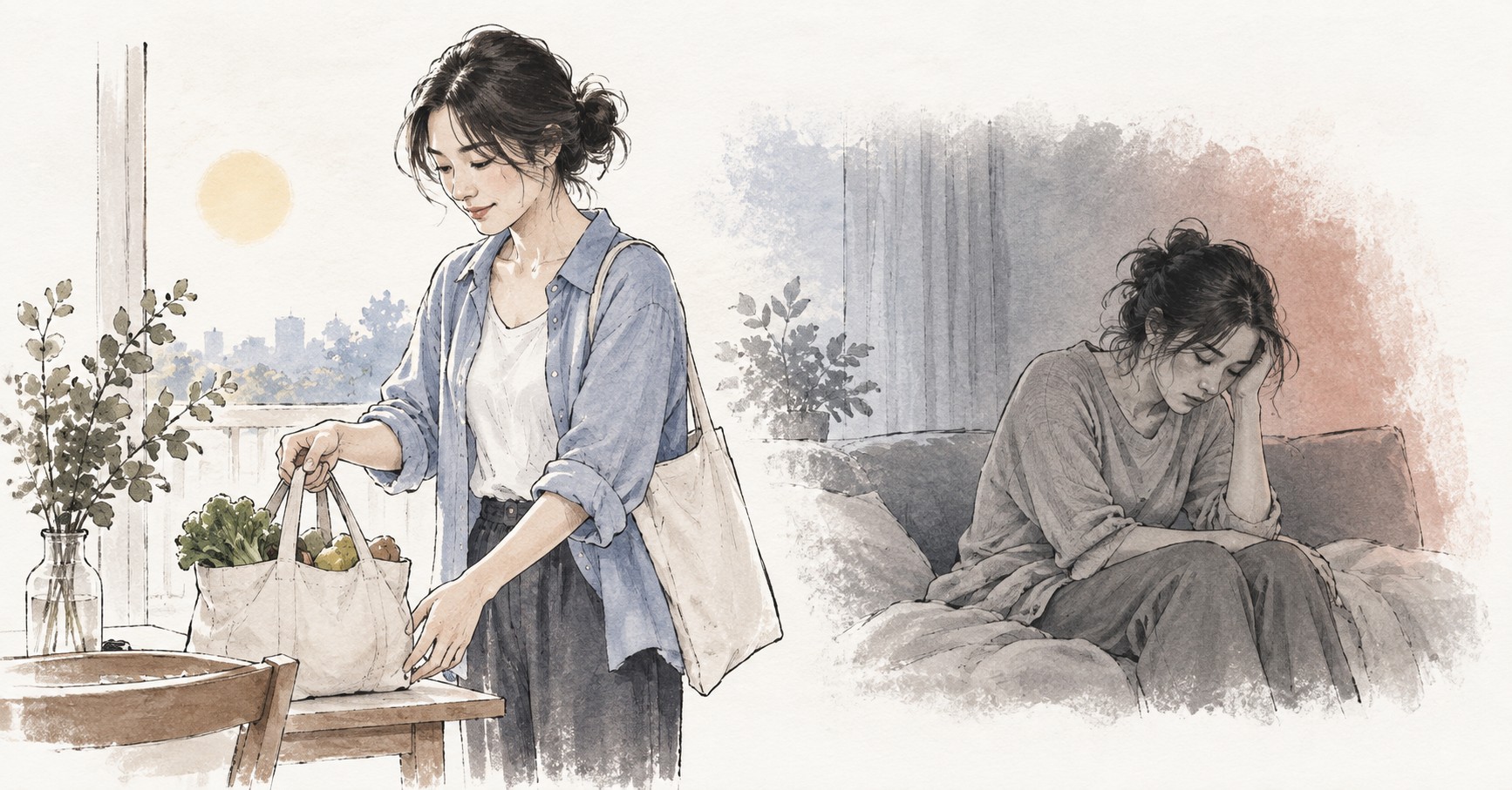 가벼운 장보기 다음 날 피로가 악화된 같은 사람의 두 시점을 대비한 임상노트 삽화