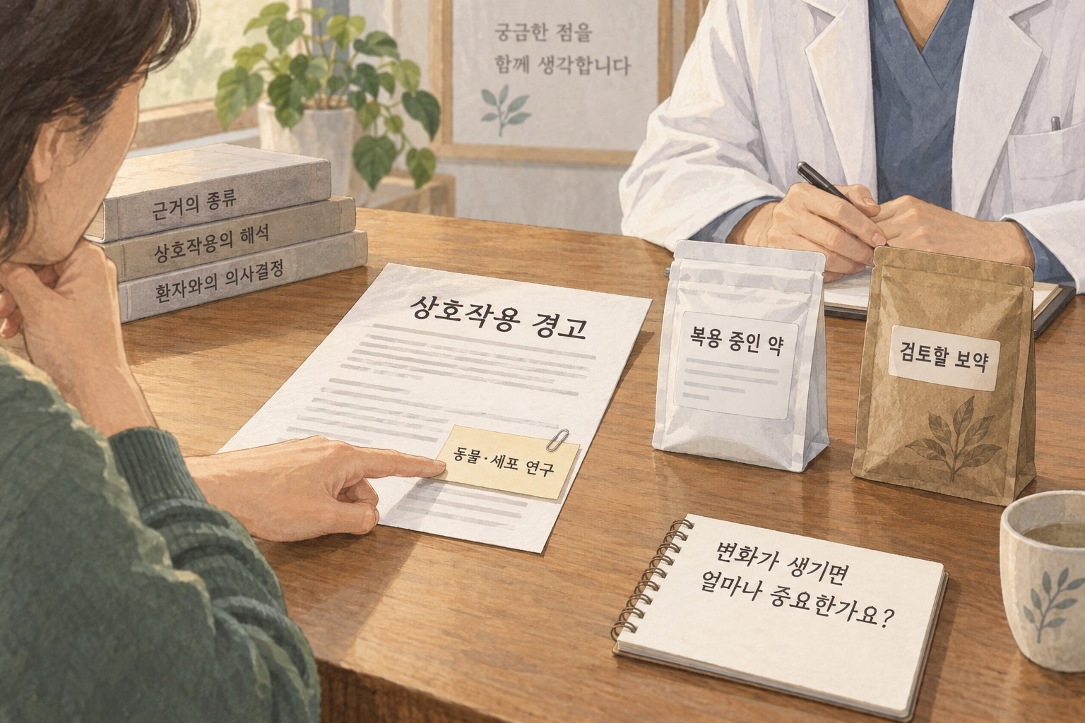 상호작용 경고의 동물·세포 연구 메모와 복용약·검토할 보약을 의료진과 함께 살피는 가상 상담 장면