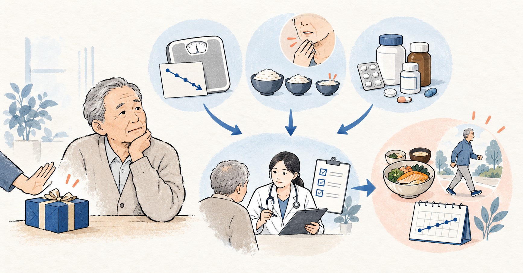 체중 감소 추세, 줄어든 식사량과 삼킴, 복용약 목록을 확인한 뒤 진료와 회복 계획으로 이어지는 그림
