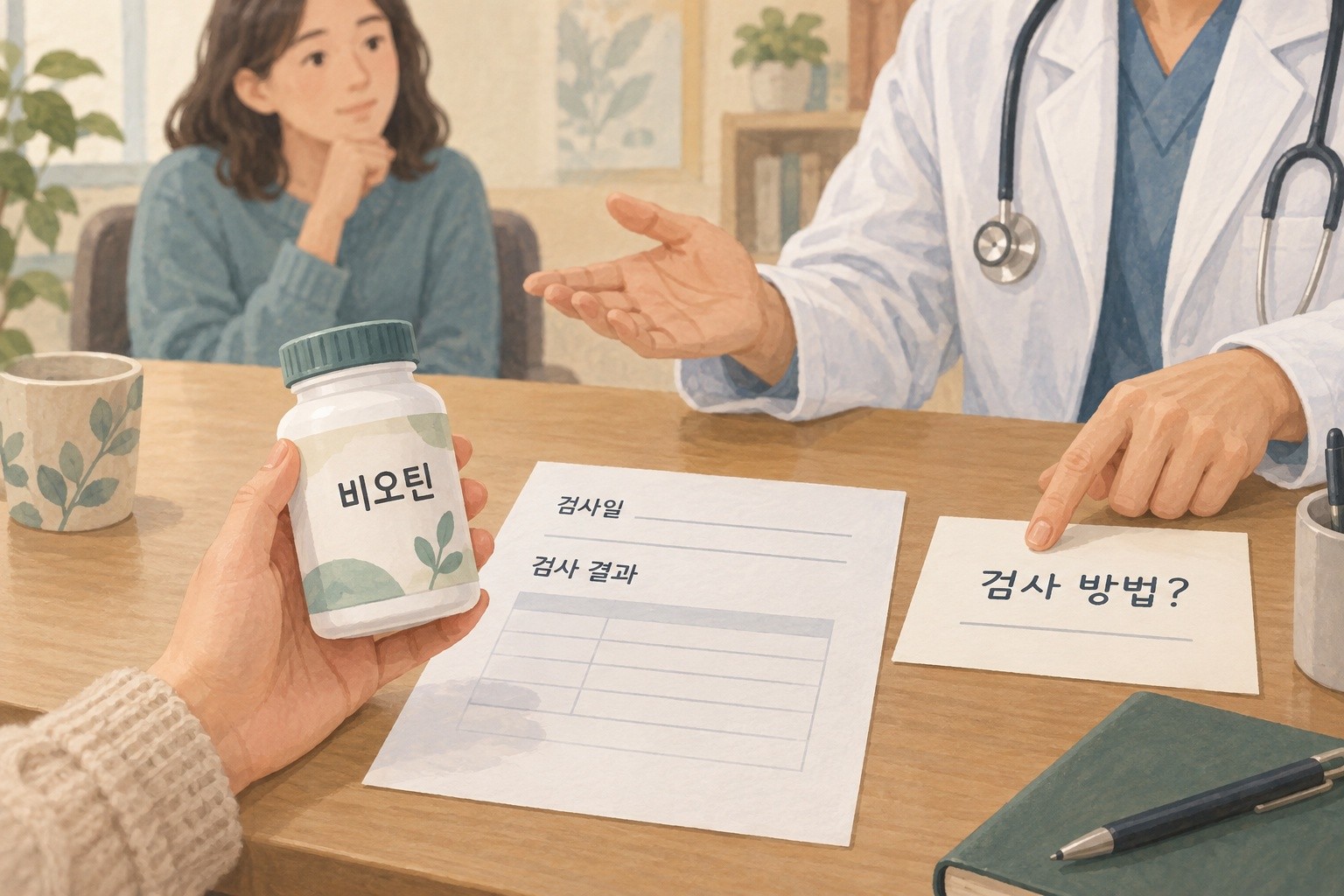 비오틴 표시 영양제와 빈 검사 결과지 옆에서 실제 검사 방법을 확인하는 상담 장면