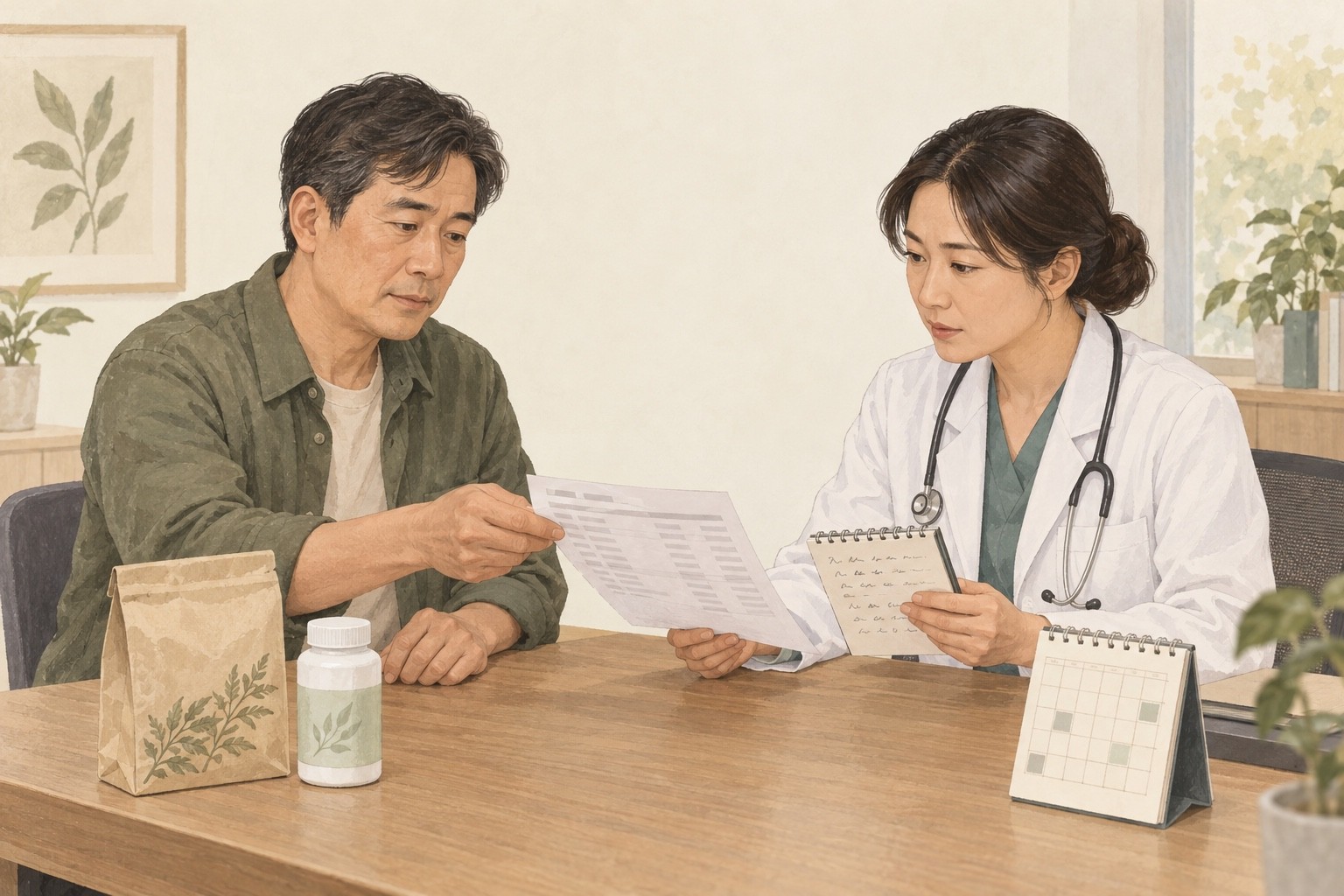 환자가 의료진과 검사 결과지, 복용 제품 포장과 달력을 함께 확인하는 설명용 그림