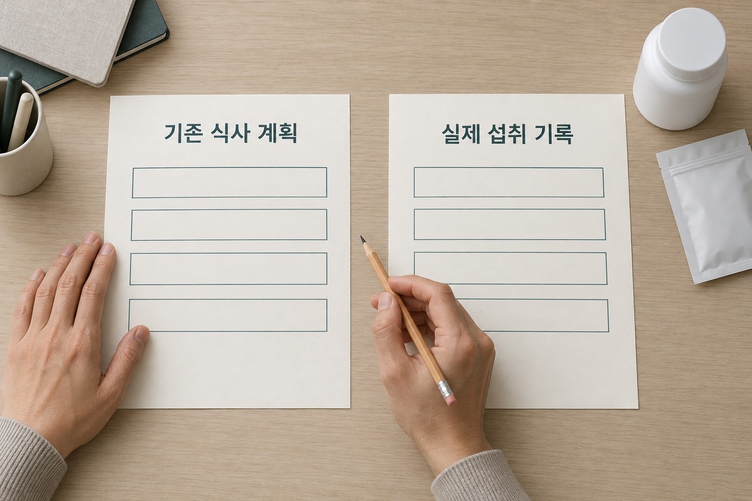 기존 식사 계획과 실제 섭취 기록이라는 제목의 두 빈 문서를 나란히 놓고 비교하는 손