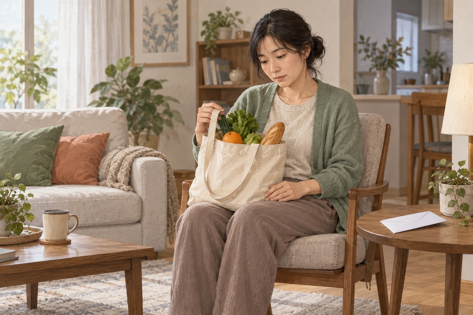 장을 보고 돌아온 사람이 의자에 앉아 쉬고 있으며 별도 탁자에 흰 봉투가 놓인 가상 장면