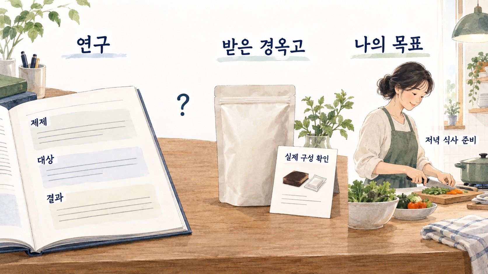 연구의 제제·대상·결과, 받은 경옥고의 실제 구성, 저녁 준비라는 개인 목표를 따로 놓고 일치 여부를 묻는 설명용 삽화